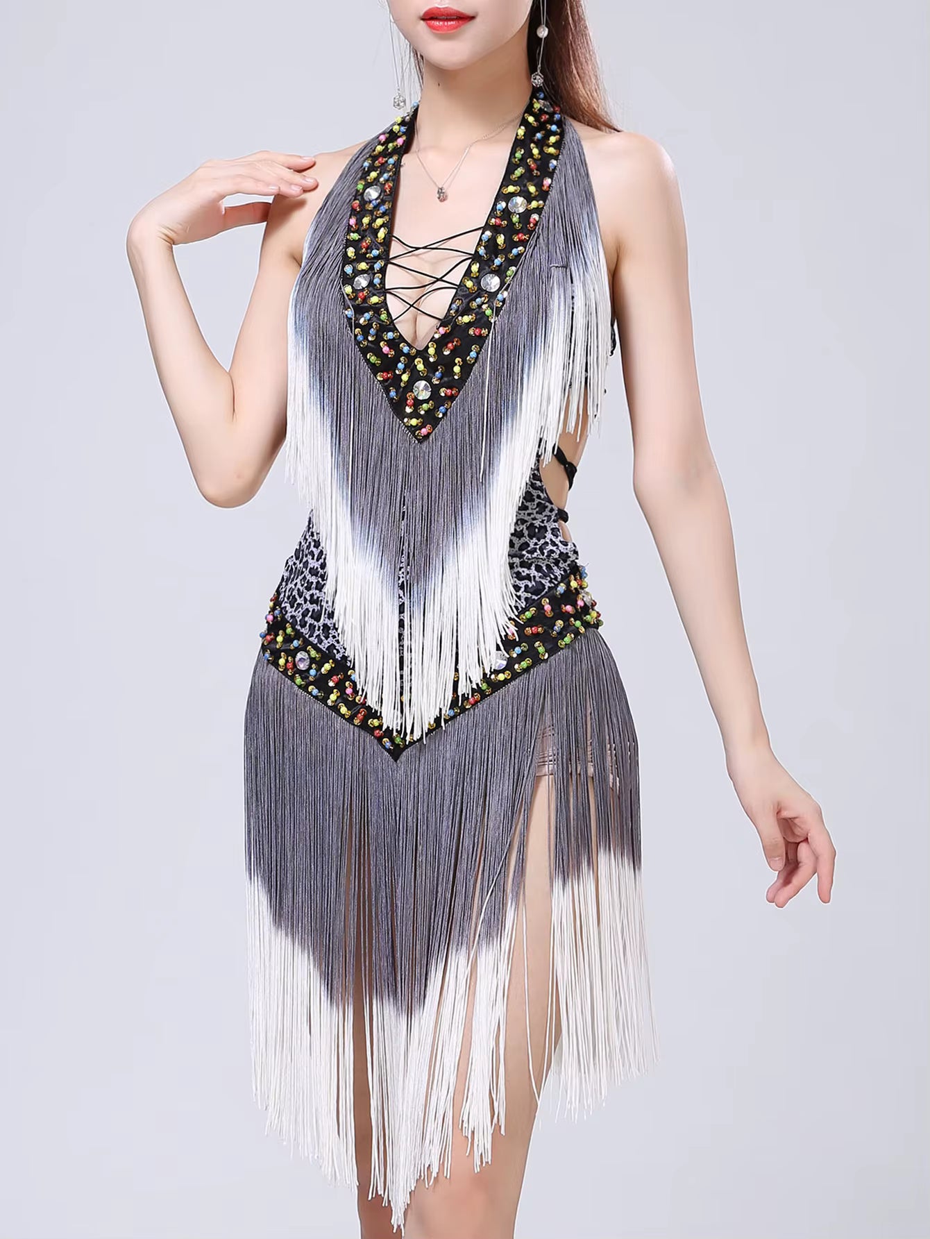 Elegant rhinestone Neck-mounted tassel bodycon prom short dresses