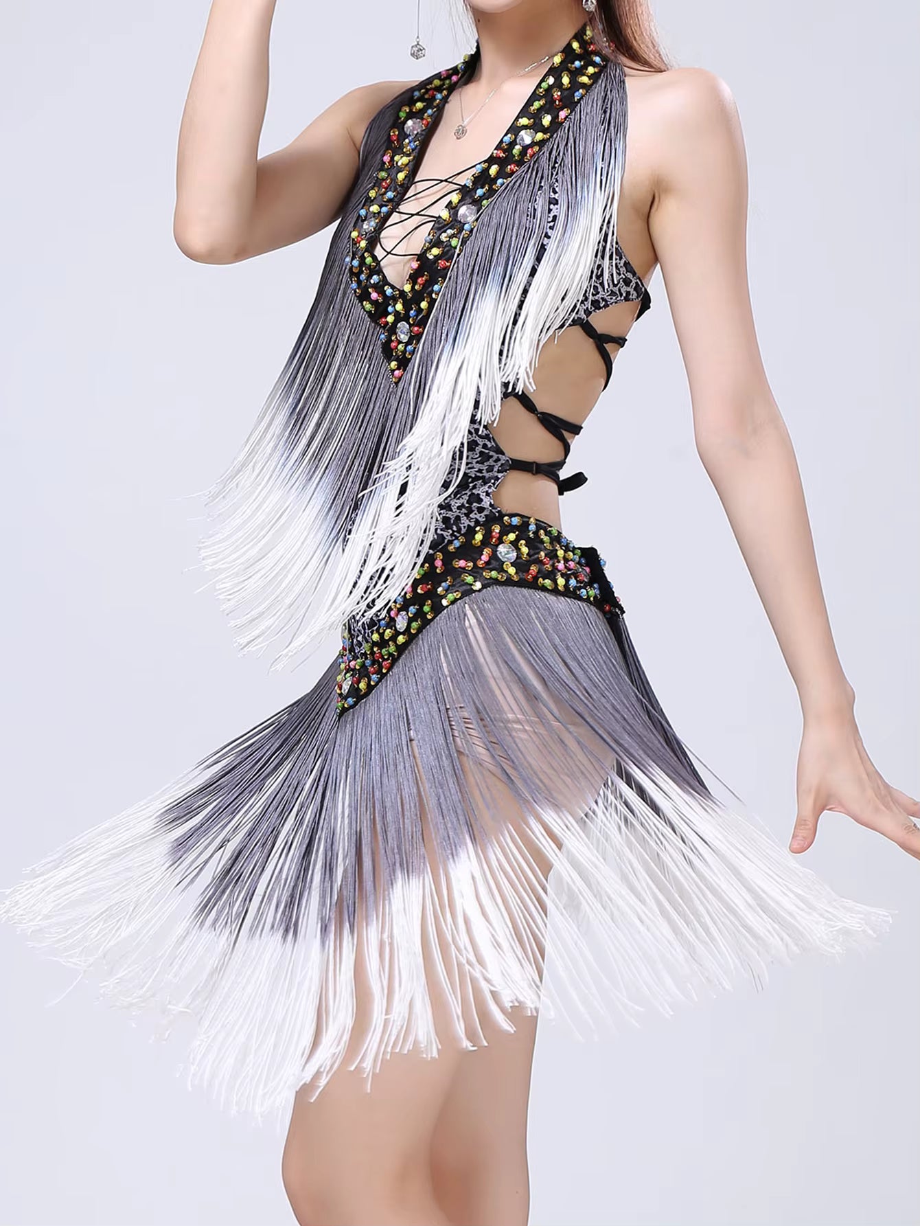 Elegant rhinestone Neck-mounted tassel bodycon prom short dresses