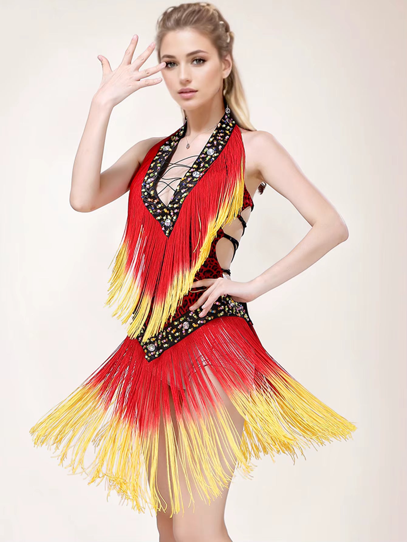 Elegant rhinestone Neck-mounted tassel bodycon prom short dresses