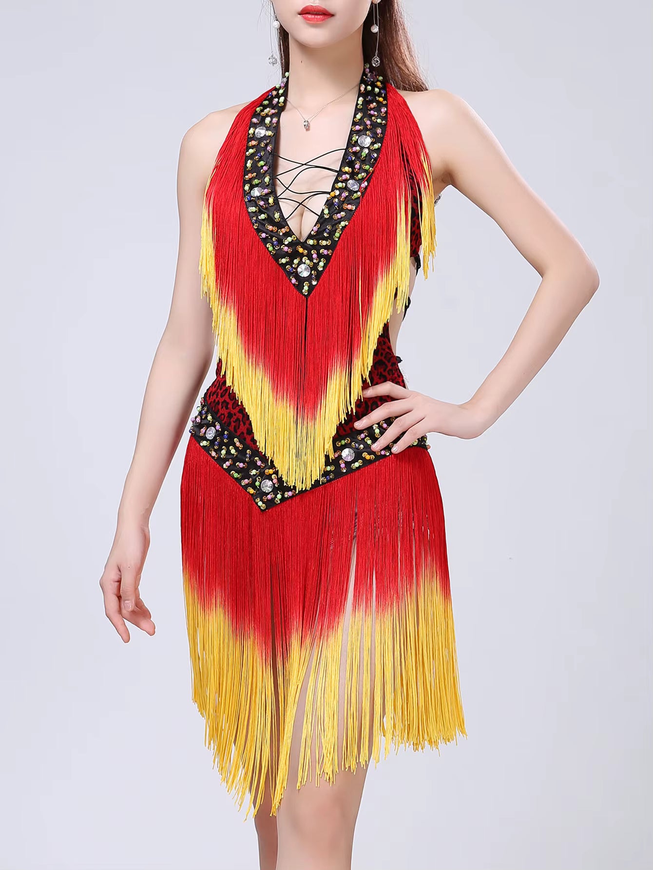 Elegant rhinestone Neck-mounted tassel bodycon prom short dresses