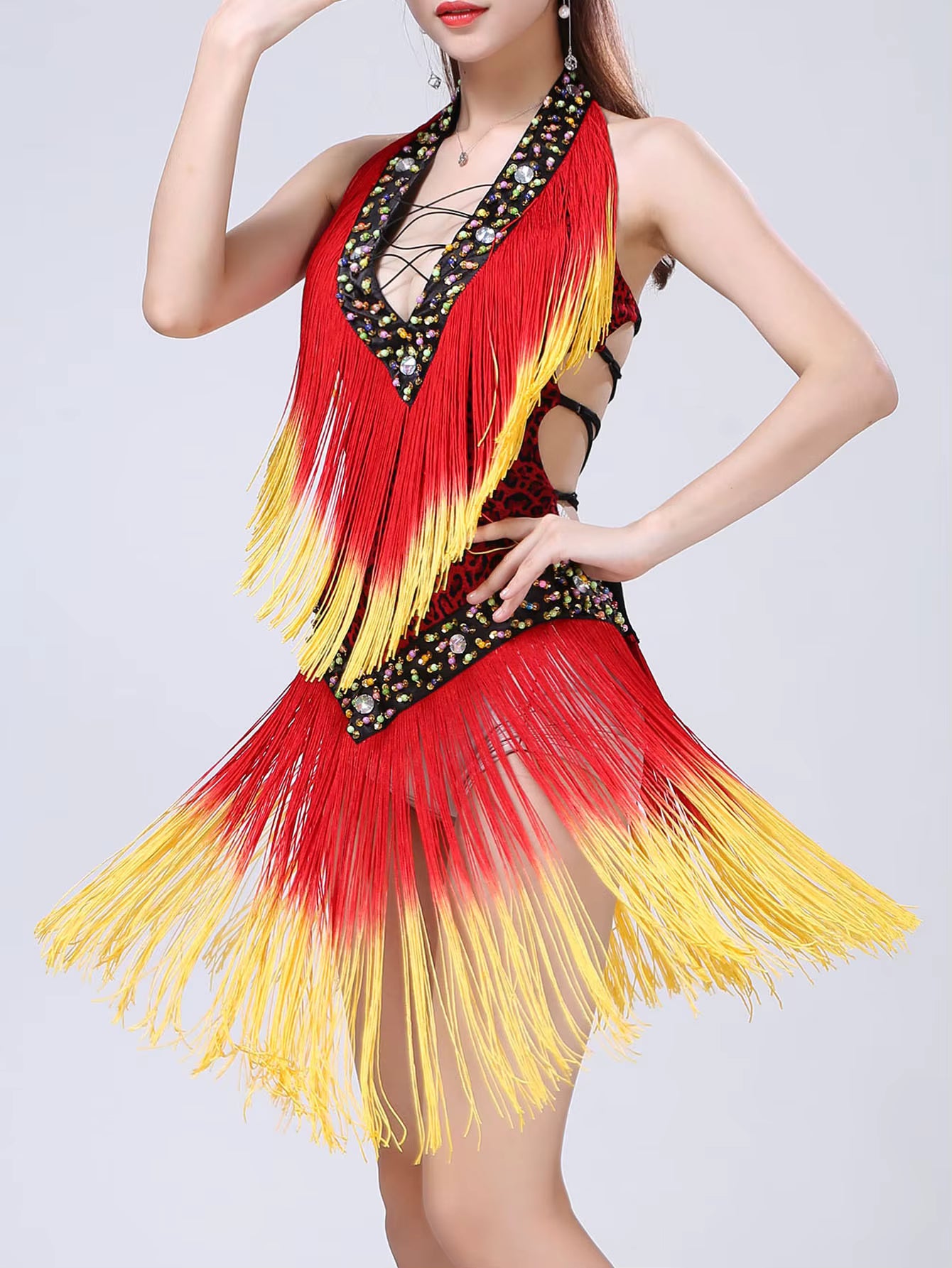 Elegant rhinestone Neck-mounted tassel bodycon prom short dresses