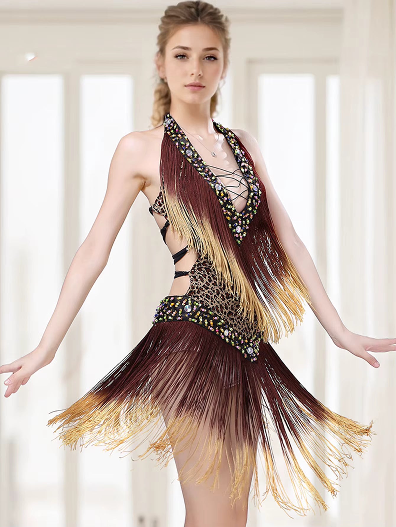 Elegant rhinestone Neck-mounted tassel bodycon prom short dresses