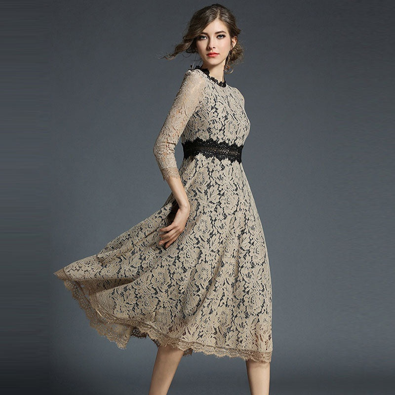 Elegant O-Neck Hollow Out Acetate Slim Office Lady Lace Midi Dress