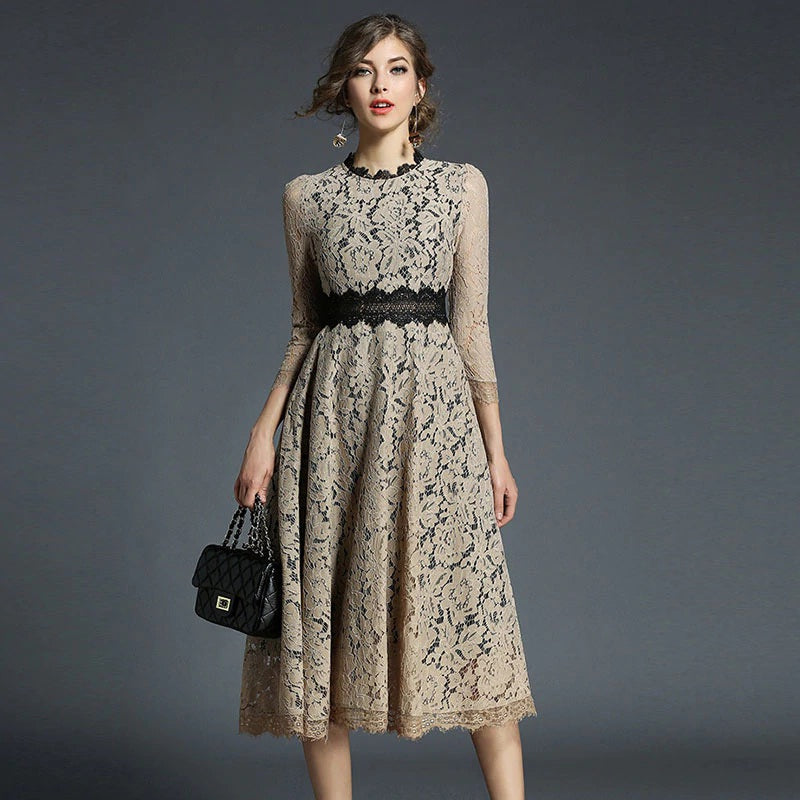 Elegant O-Neck Hollow Out Acetate Slim Office Lady Lace Midi Dress