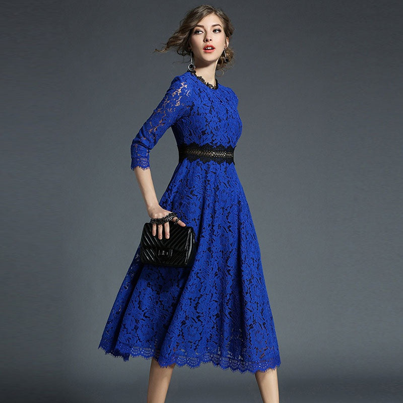 Elegant O-Neck Hollow Out Acetate Slim Office Lady Lace Midi Dress