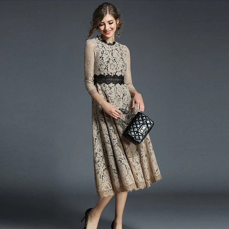 Elegant O-Neck Hollow Out Acetate Slim Office Lady Lace Midi Dress