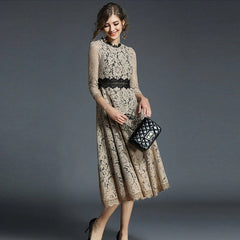 Elegant O-Neck Hollow Out Acetate Slim Office Lady Lace Midi Dress