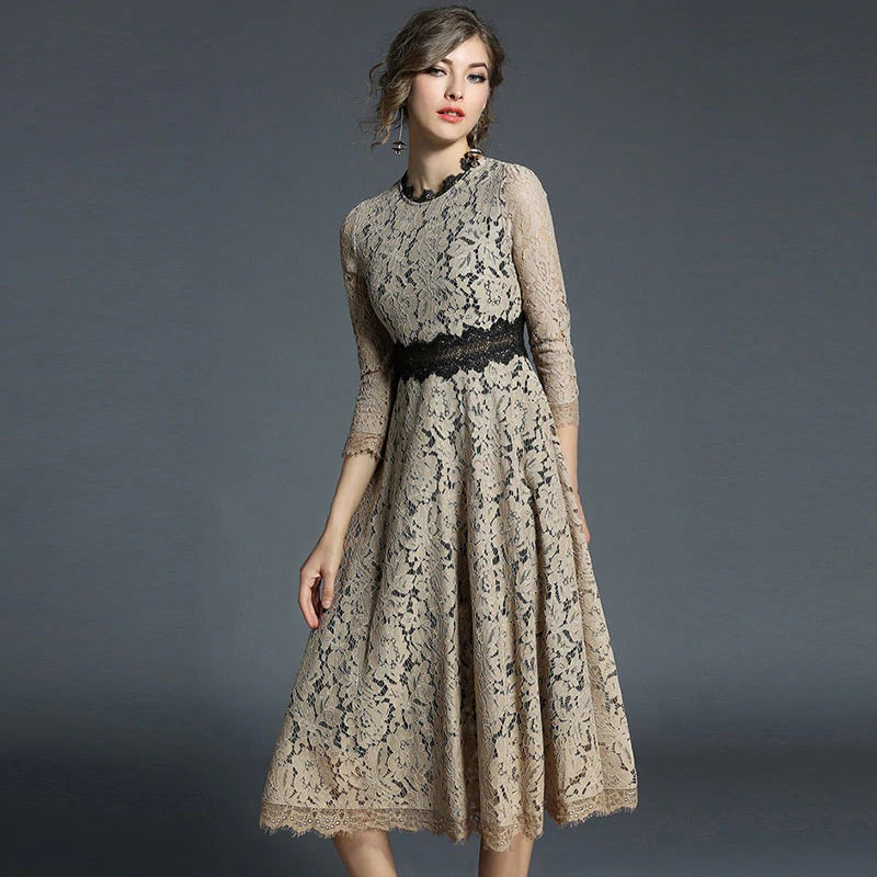 Elegant O-Neck Hollow Out Acetate Slim Office Lady Lace Midi Dress