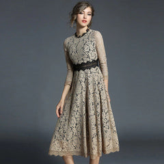 Elegant O-Neck Hollow Out Acetate Slim Office Lady Lace Midi Dress