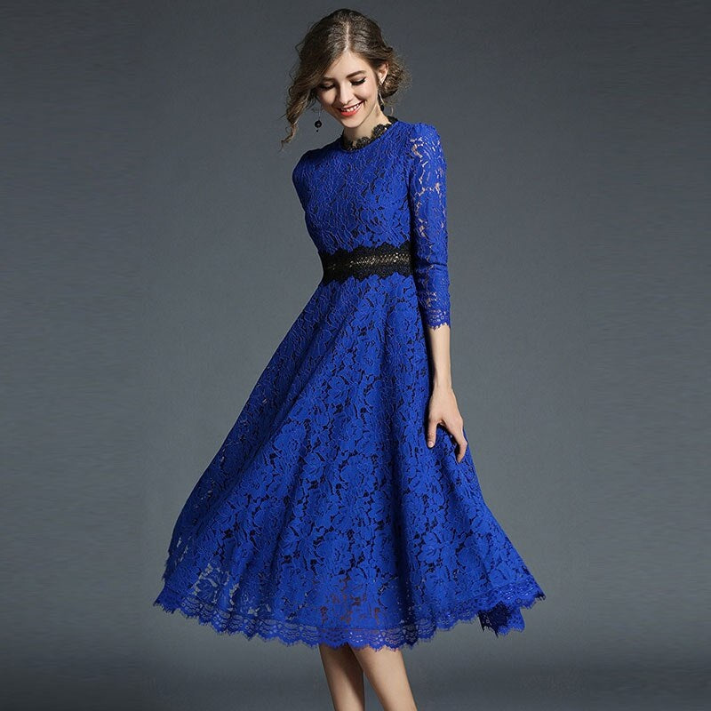 Elegant O-Neck Hollow Out Acetate Slim Office Lady Lace Midi Dress