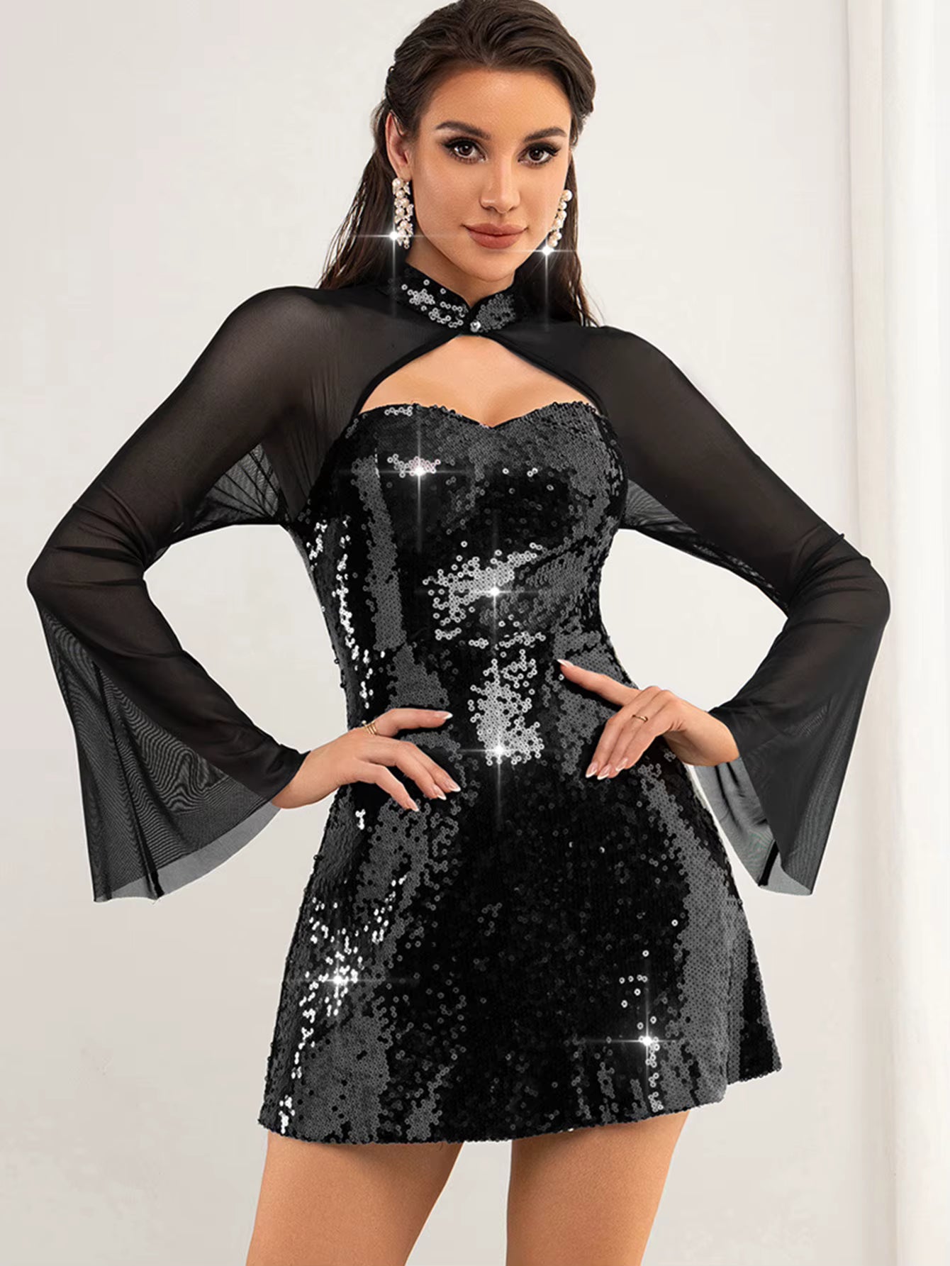 Elegant synthetic fiber O-Neck through mesh sequin mini dresses
