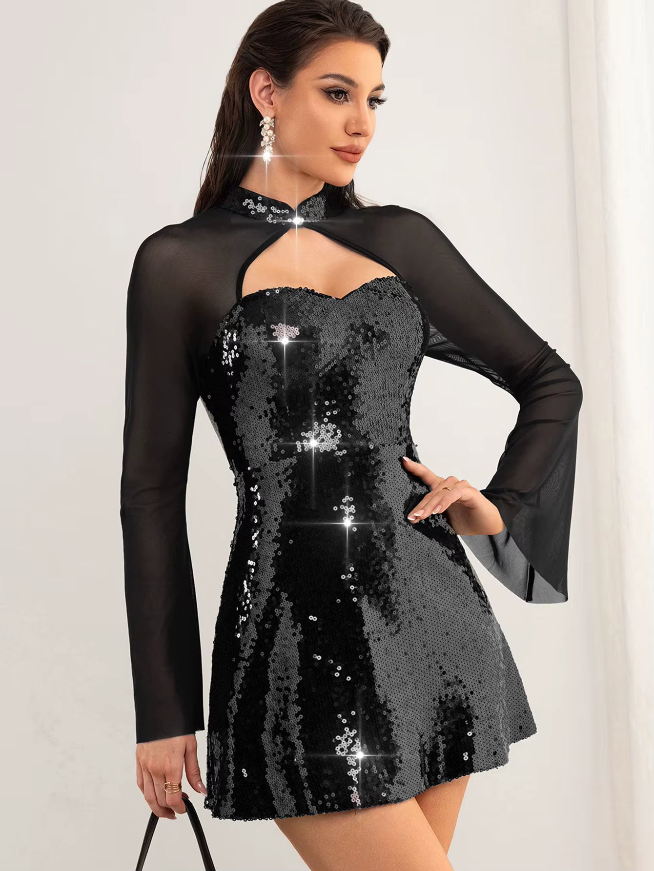 Elegant synthetic fiber O-Neck through mesh sequin mini dresses