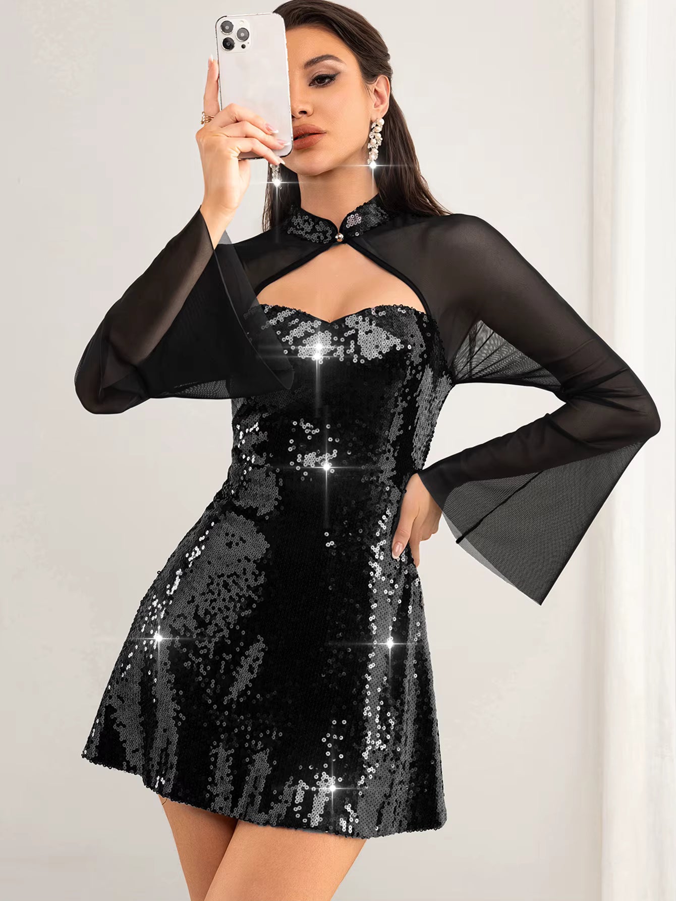 Elegant synthetic fiber O-Neck through mesh sequin mini dresses