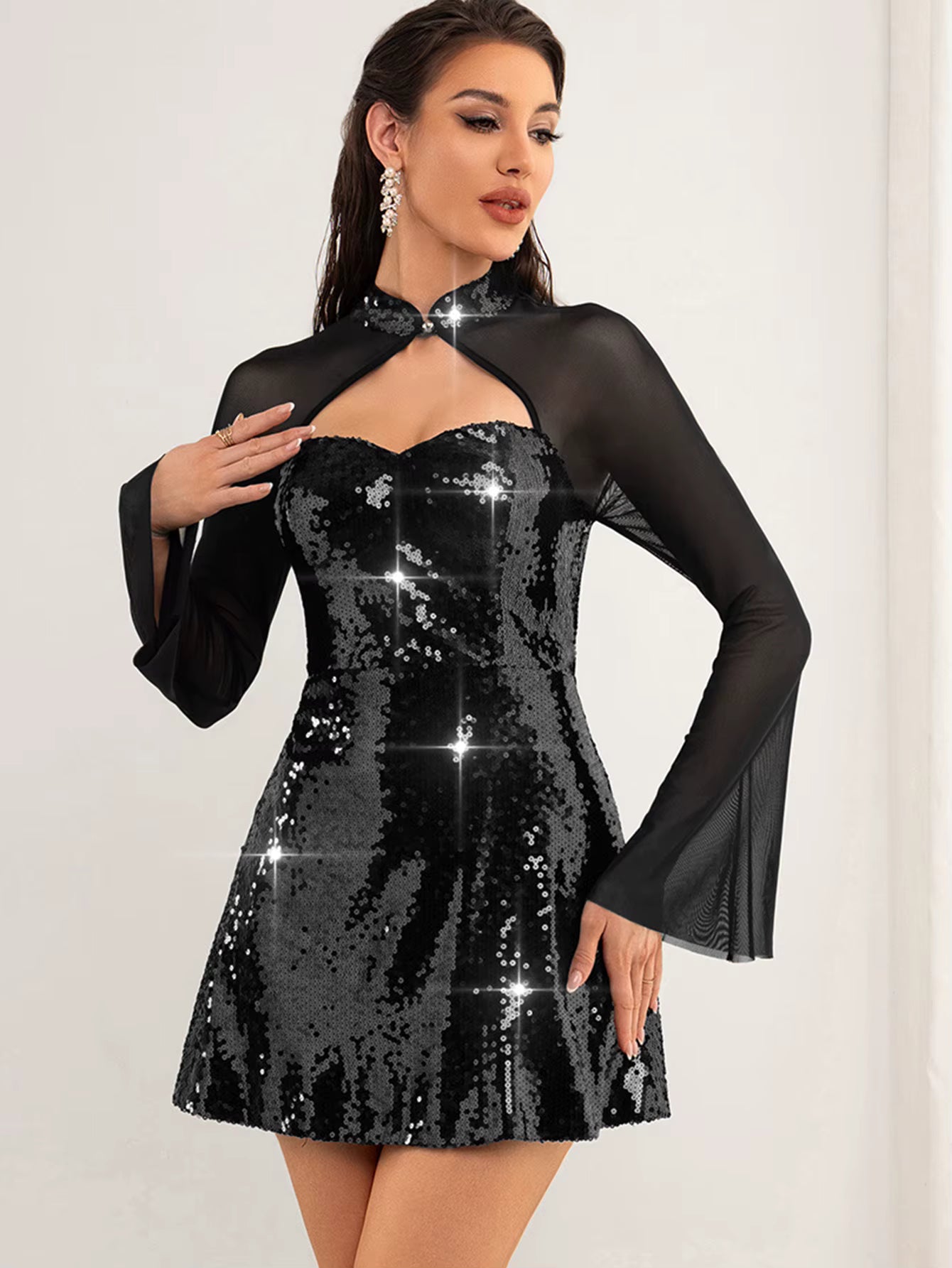 Elegant synthetic fiber O-Neck through mesh sequin mini dresses