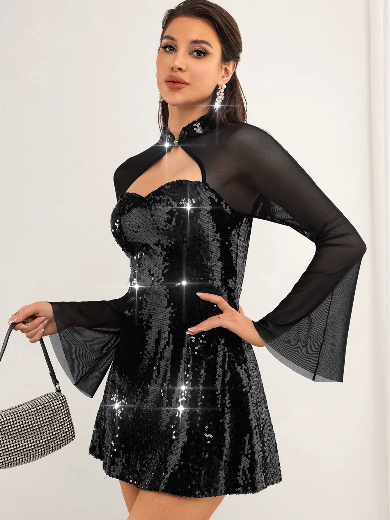 Elegant synthetic fiber O-Neck through mesh sequin mini dresses