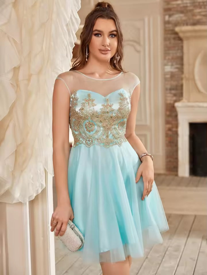 Elegant Applique Beading Sleeveless Cocktail Mini Dress