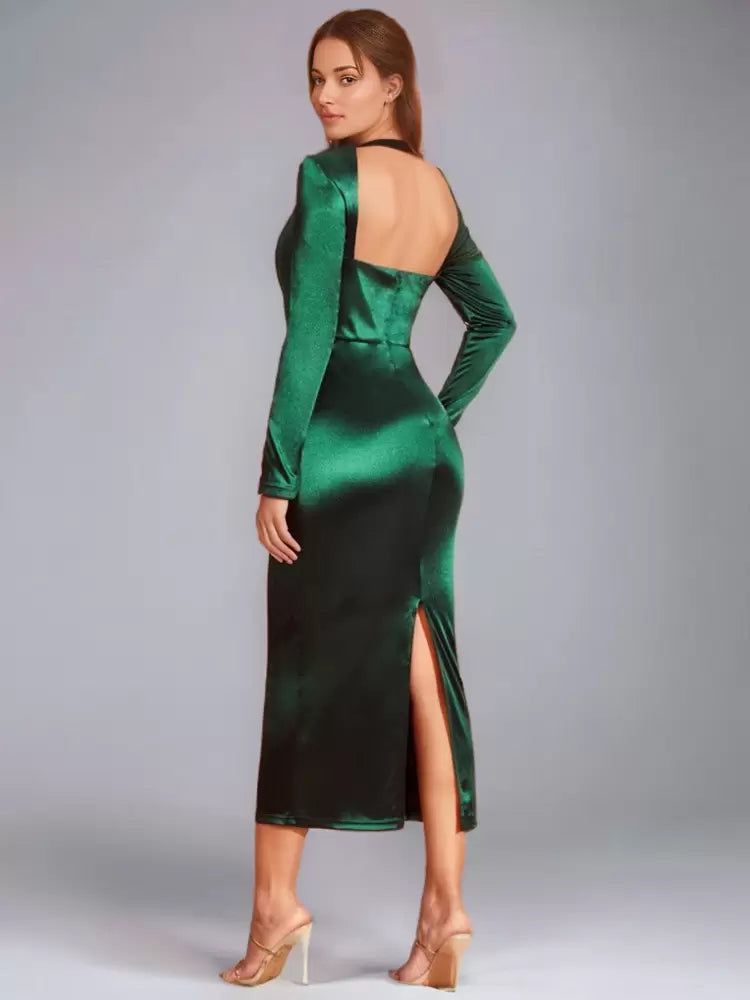 Embellished Collar Long Sleeves Sheer Semi Formal Midi Dress