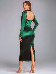 Embellished Collar Long Sleeves Sheer Semi Formal Midi Dress