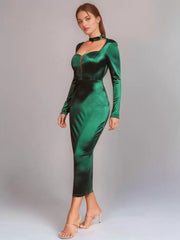 Embellished Collar Long Sleeves Sheer Semi Formal Midi Dress