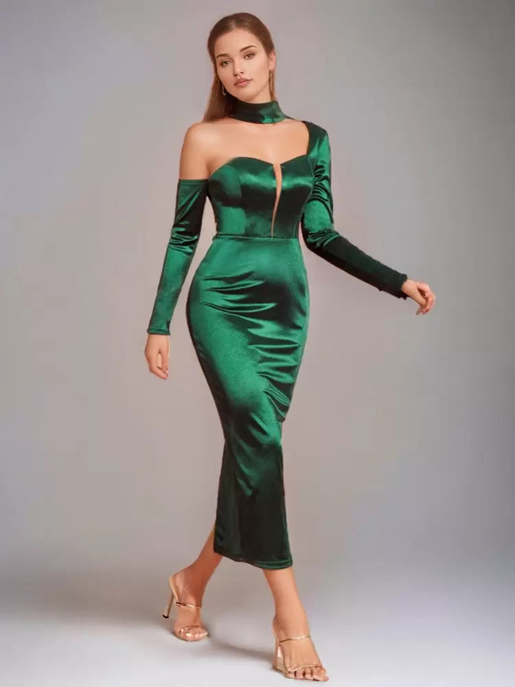 Embellished Collar Long Sleeves Sheer Semi Formal Midi Dress