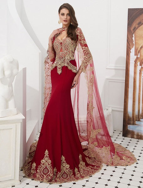 Embroidered Beaded Queen Anneneck Long Sleeve Formal Gowns With Cloak