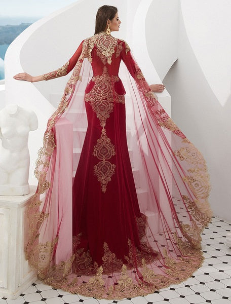 Embroidered Beaded Queen Anneneck Long Sleeve Formal Gowns With Cloak