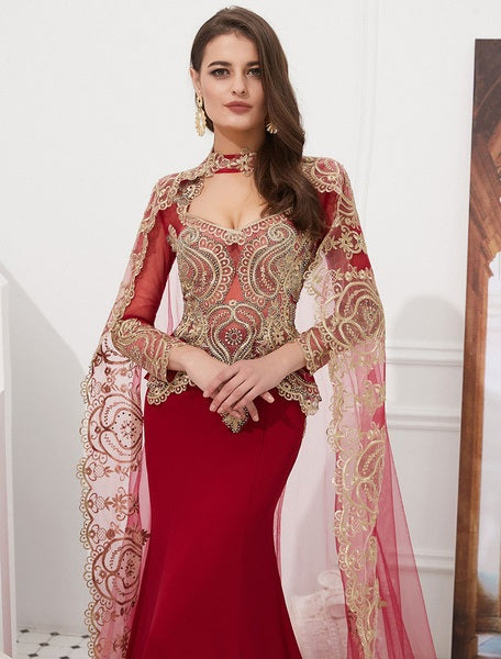 Embroidered Beaded Queen Anneneck Long Sleeve Formal Gowns With Cloak