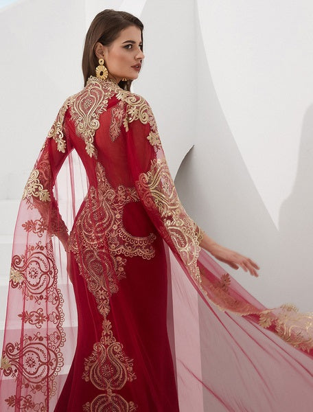 Embroidered Beaded Queen Anneneck Long Sleeve Formal Gowns With Cloak