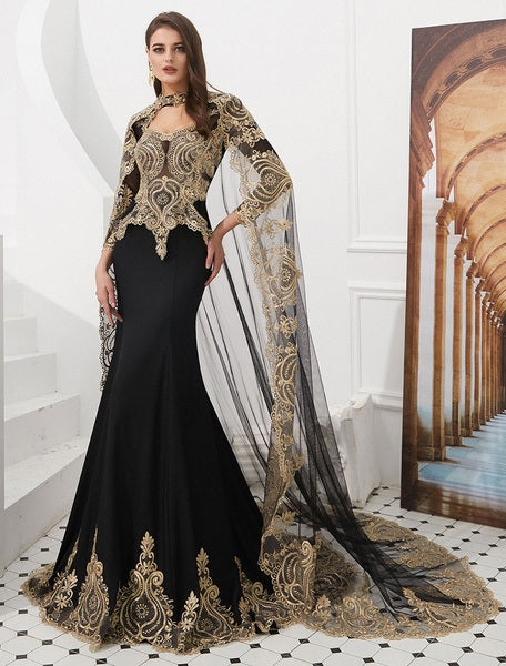Embroidered Beaded Queen Anneneck Long Sleeve Formal Gowns With Cloak