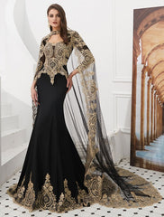 Embroidered Beaded Queen Anneneck Long Sleeve Formal Gowns With Cloak