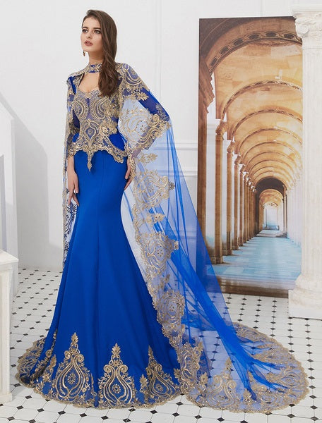 Embroidered Beaded Queen Anneneck Long Sleeve Formal Gowns With Cloak