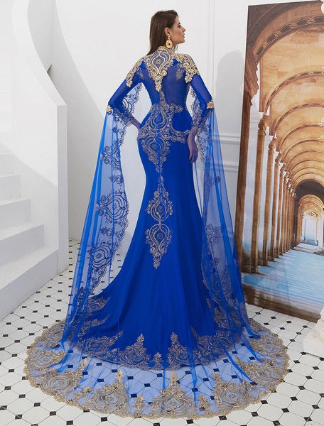Embroidered Beaded Queen Anneneck Long Sleeve Formal Gowns With Cloak
