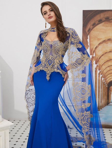 Embroidered Beaded Queen Anneneck Long Sleeve Formal Gowns With Cloak