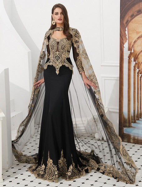Embroidered Beaded Queen Anneneck Long Sleeve Formal Gowns With Cloak