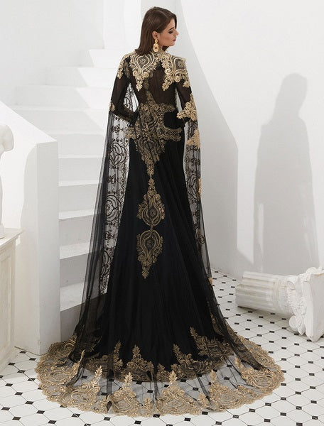 Embroidered Beaded Queen Anneneck Long Sleeve Formal Gowns With Cloak