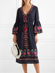 Embroidered Drawstring Tassel V Neck Bell Sleeves Dress