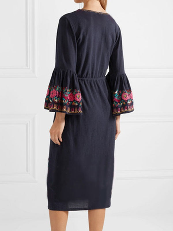 Embroidered Drawstring Tassel V Neck Bell Sleeves Dress