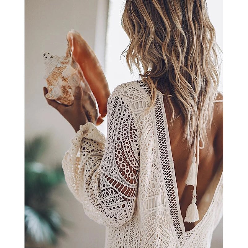 Embroidered Lace Deep V-Neck Boho Beach Short Dress