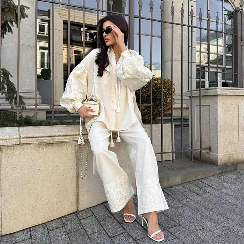 Embroidered Lantern Sleeves Shirt Trouser Suits Pocket Turn-Down Collar Lady Sets