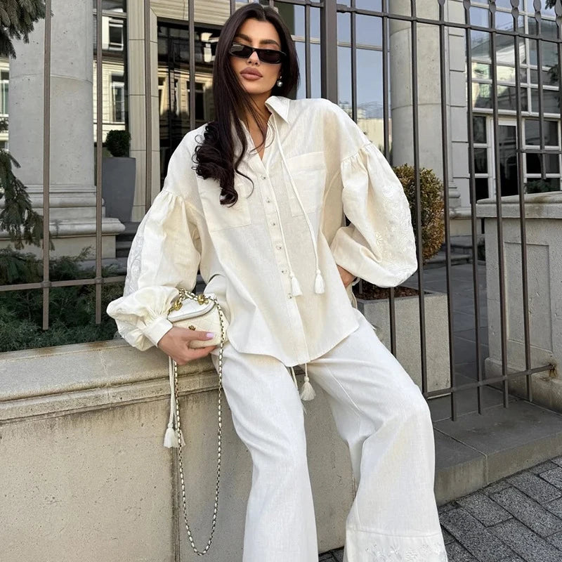 Embroidered Lantern Sleeves Shirt Trouser Suits Pocket Turn-Down Collar Lady Sets
