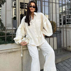 Embroidered Lantern Sleeves Shirt Trouser Suits Pocket Turn-Down Collar Lady Sets