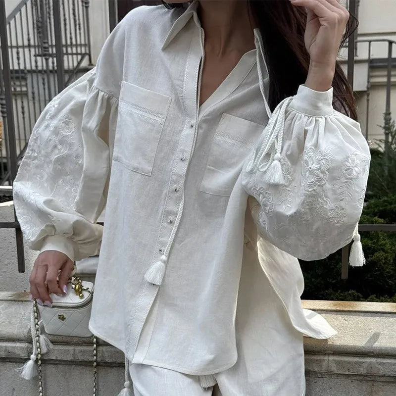 Embroidered Lantern Sleeves Shirt Trouser Suits Pocket Turn-Down Collar Lady Sets