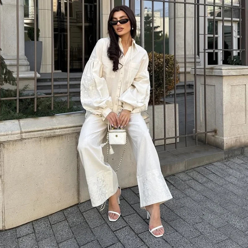 Embroidered Lantern Sleeves Shirt Trouser Suits Pocket Turn-Down Collar Lady Sets