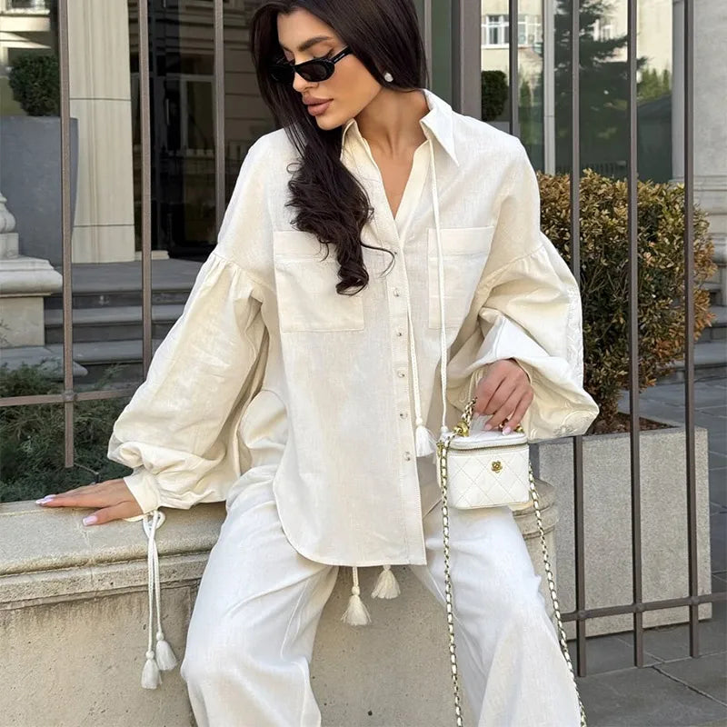 Embroidered Lantern Sleeves Shirt Trouser Suits Pocket Turn-Down Collar Lady Sets