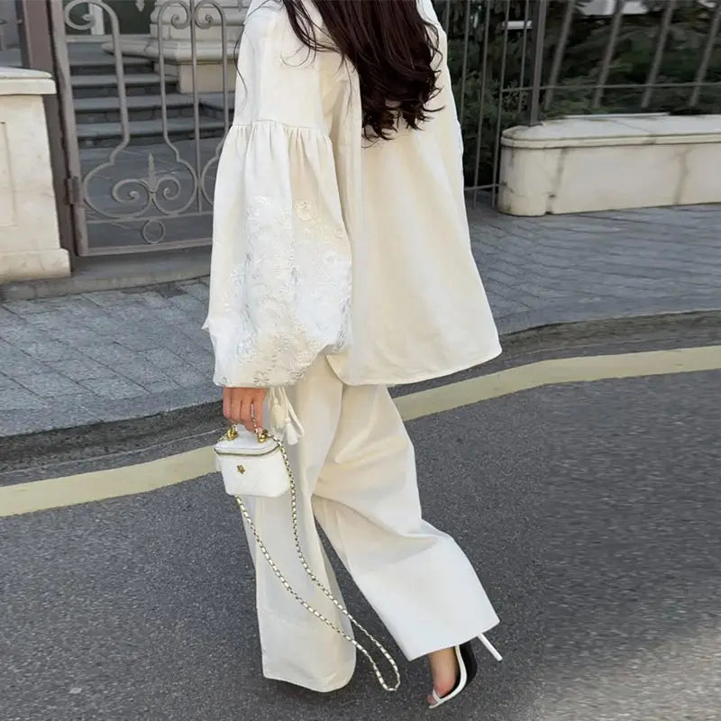 Embroidered Lantern Sleeves Shirt Trouser Suits Pocket Turn-Down Collar Lady Sets