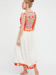 Embroidered Sleeveless Tassel trim Maxi Dress