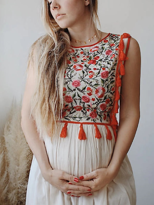 Embroidered Sleeveless Tassel trim Maxi Dress