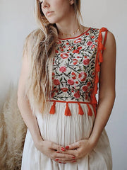 Embroidered Sleeveless Tassel trim Maxi Dress
