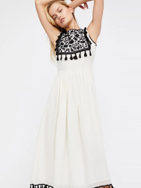 Embroidered Sleeveless Tassel trim Maxi Dress