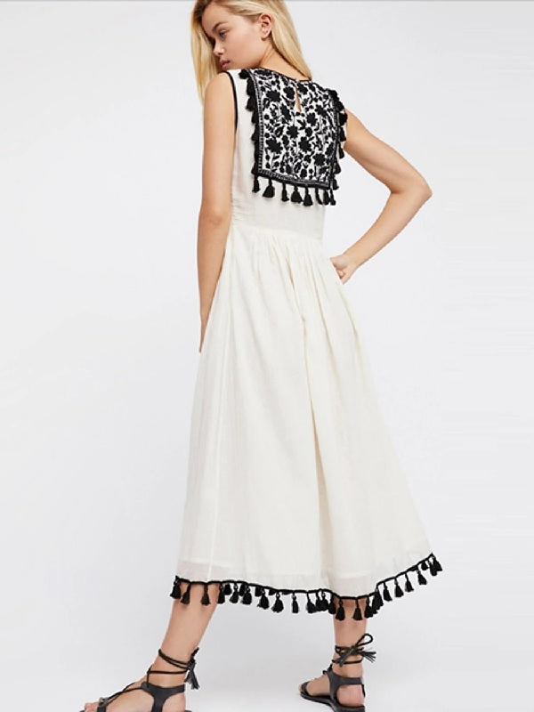 Embroidered Sleeveless Tassel trim Maxi Dress